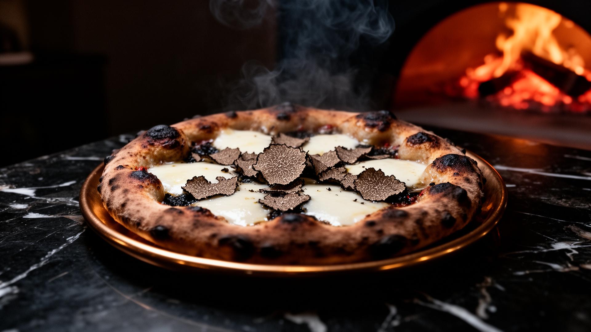 Wood-fired truffle pizza on black marble beside a glowing oven