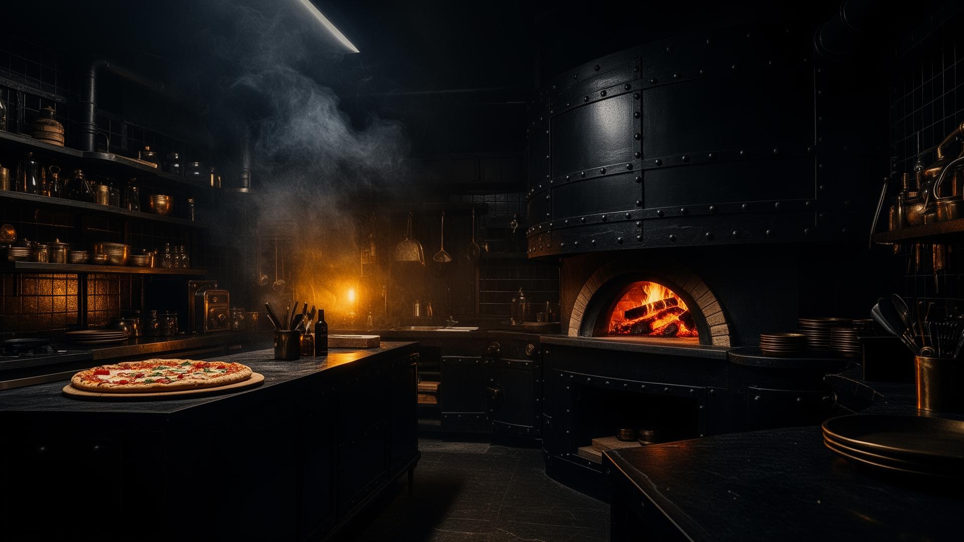 Black industrial wood-fire oven